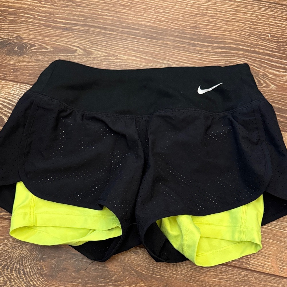 Nike Women's Black and Lime Green Athletic Shorts